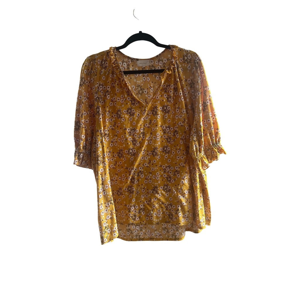 Melloday Mustard Yellow Floral Ruffle Neck Blouse Elbow Sleeve 3x, boho, office